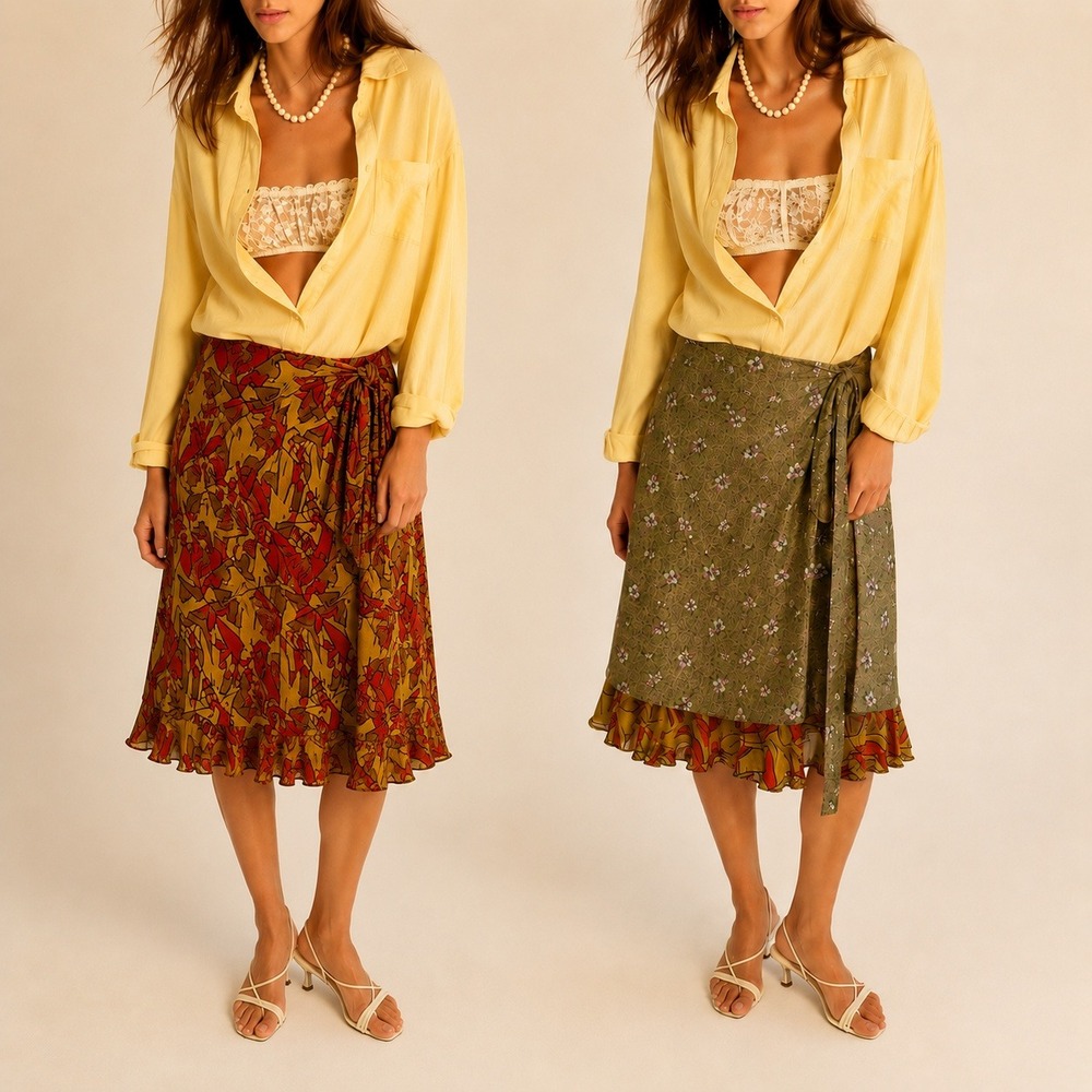 VTG‎ Kariza Reversible Wrap Midi Skirt OS Layered Silk Blend Boho Festival Fairy